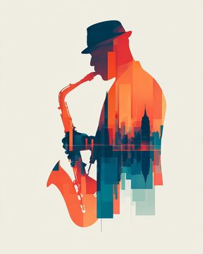 A vibrant saxophonist silhouette against a city skyline.