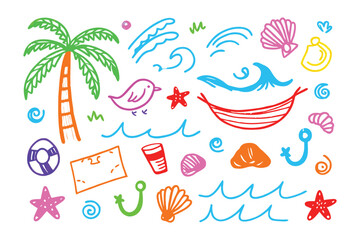 A colorful hand-drawn summer collection: A vibrant collection of hand-drawn summer elements evokes the spirit of vacation, featuring a palm tree, waves, seashells, a hammock.