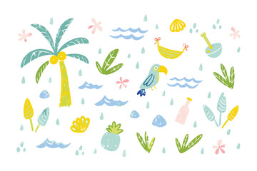 Island Paradise Illustration: An enchanting, hand-drawn illustration of a tropical paradise featuring palm trees, playful waves, a cheerful parrot, and a variety of lush plants and elements.