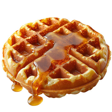 Delicious golden brown waffle topped with melting butter and dripping syrup isolated on transparent background