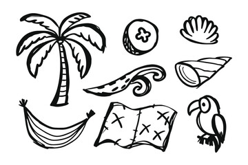 Tropical Doodle Collection: A collection of simple black and white doodles evokes a sense of tropical escape. Including a palm tree, seashell, hammock, slice of fruit, wave, shell and parrot.