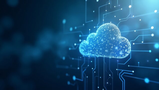 Glowing Cloud Computing Illustration with Laptops and Secure Server Connectivity