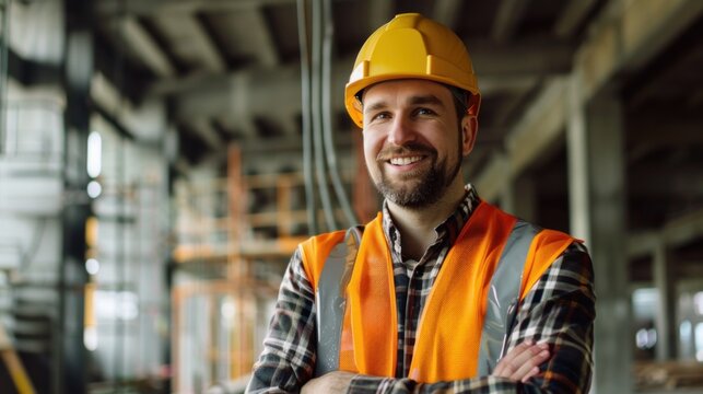 Male construction worker in safety vest and helmet smiling at camera stock photo --ar 16:9 --raw --v 6 Job ID: 9ec3372f-a54b-49c4-b9e5-afce1a494b33