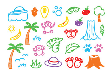 Colorful Tropical Doodles: A vibrant collection of playful, hand-drawn tropical elements bursting with color. It features sun, monkeys, and jungle scenes with joyful spirit