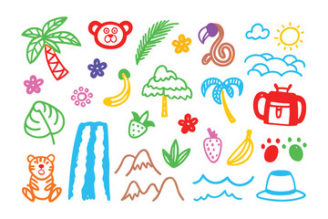 Jungle Icons Illustration: A vibrant collection of hand-drawn icons that captures the essence of a lush jungle, perfect for creative projects and designs. 