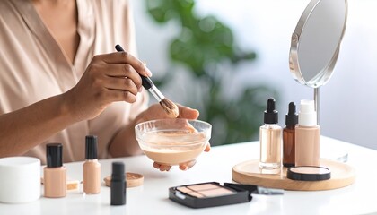 Woman Mixing Custom Foundation Shades In Glass Bowl With Makeup Tools and Mirror on White Surface