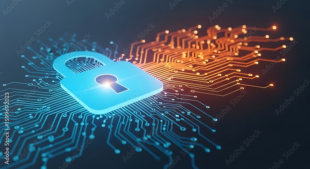 Poster a bright blue padlock is centered on a digital circuit board with glowing orange and blue lines, sym