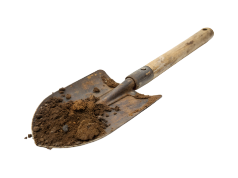 old rusty shovel with soil png image on transparent background