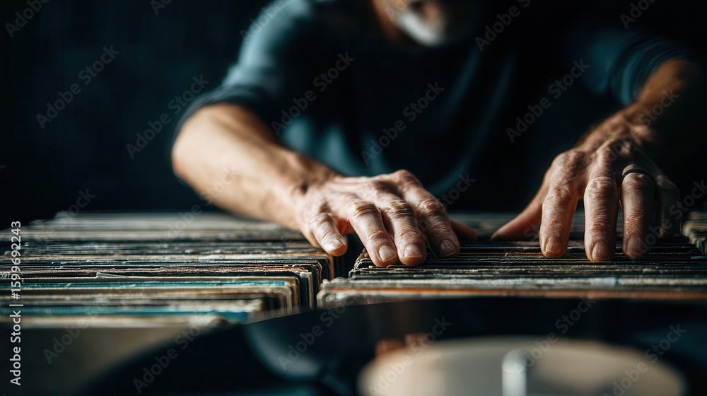 Poster close-up view of hands sorting through a collection of vinyl records.