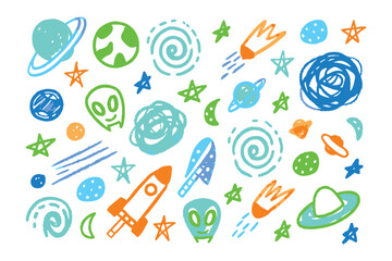 Cosmic Doodle: Playful hand-drawn illustration of planets, stars, rockets, and aliens in a whimsical display of intergalactic wonder.