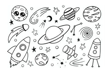 Celestial Doodle: A charming collection of hand-drawn space elements, illustrating planets, stars, rockets, and celestial bodies for creative design and educational purposes.