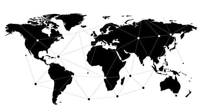 Black and white world map illustration with connecting lines, representing global network and communication, showcasing international connectivity and digital technology