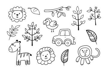 Whimsical Safari Doodle Collection: A collection of hand-drawn doodle illustrations of safari animals and elements, perfect for children's projects. 
