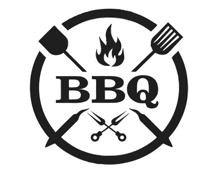 BBQ letters stand boldly within a circle framed by spatula, flame, fork emblem
