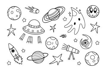 Celestial Sketch: A charming illustration of celestial bodies, featuring whimsical planets, playful stars, and intriguing space-themed elements, all rendered in a clean, engaging style.