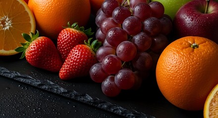 Fresh Fruit Still Life Orange, Strawberry, Apple, Grape
