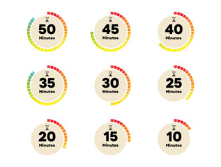 Neutral Colored Timer Circle Set from 10 to 50 Minutes for UX Countdown or Reminder Widget