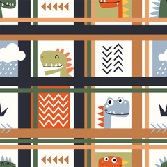 Cute cartoon dinosaur on frame seamless pattern. Vector illustration background for textile, clothing, kids fabric or nursery decor, wrapping paper, mug, stationery, cover and more