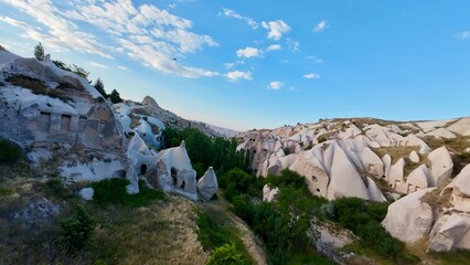 Eroded rock formations. Rocky landscape view. historical unique ancient open-air museum ruins. Rocky landscape trail.High quality 4k footage