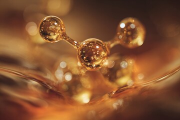 macro shot of a golden molecule floating in viscous fluid, glimmering highlights, abstract warm-tones background, depth of field, cinematic soft light