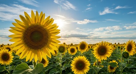 Obraz premium Sunflowers Blooming in Field on Sunny Day with Blue Sky