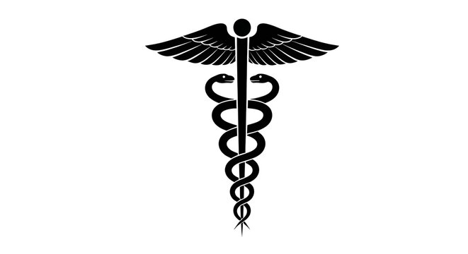 Caduceus medical symbol, black and white graphic illustration of the rod of Asclepius, with two snakes intertwined around a winged staff, representing medicine and healthcare
