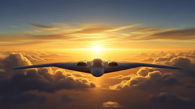 Futuristic Stealth Bomber Jet Soaring Majestically Through Golden Sunset Clouds