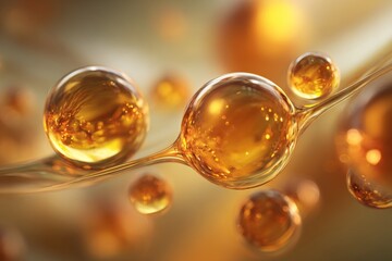macro shot of a golden molecule floating in viscous fluid, glimmering highlights, abstract warm-tones background, depth of field, cinematic soft light