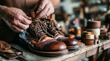 A shoemaker carefully ties the laces of a pair of leather work boots.
