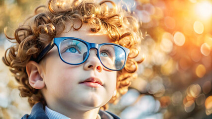 Young boy with curly red hair and glasses looking up thoughtfully with warm sunlight and bokeh in the background
