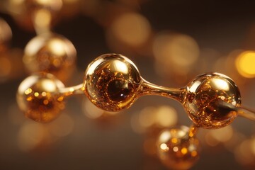 macro shot of a golden molecule floating in viscous fluid, glimmering highlights, abstract warm-tones background, depth of field, cinematic soft light