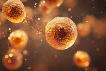 macro shot of a golden molecule floating in viscous fluid, glimmering highlights, abstract warm-tones background, depth of field, cinematic soft light