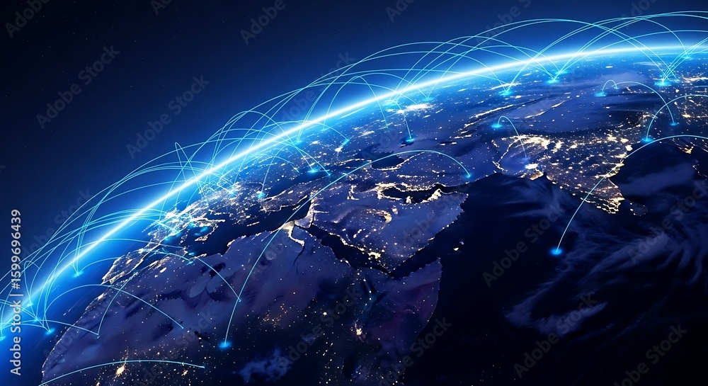 Poster a dynamic network of glowing blue lines arcs across the illuminated surface of the earth, highlighti