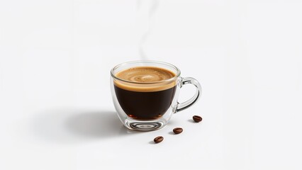 High-quality photo of a steaming cup of hot black coffee in a transparent glass mug with three roasted coffee beans scattered on a clean white background. Ideal for cafe or branding visuals.