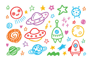 Celestial Doodle: A whimsical array of hand-drawn celestial bodies, including planets, stars, and extraterrestrial vessels, rendered in a vibrant, playful style.