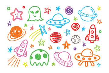 Vibrant Space Doodle: A whimsical collection of colorful space-themed doodles, featuring planets, stars, rockets, and friendly alien, playfully rendered in a delightful illustrative style.