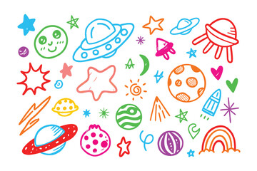 Cosmic doodle illustrations: Whimsical cosmic illustrations, featuring playful planets, stars, spaceship, and rocketship, evoking a sense of childlike wonder and imagination.