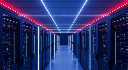 A futuristic server room hallway illuminated by glowing blue and red neon lights, with rows of data racks stretching into the distance, representing advanced technology and digital infrastructure
