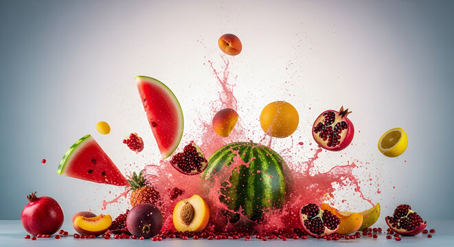 Colorful assortment of fruits including watermelon, pomegranate, pineapple, peach, and mango exploding in a vibrant pink splash against a bright background.
