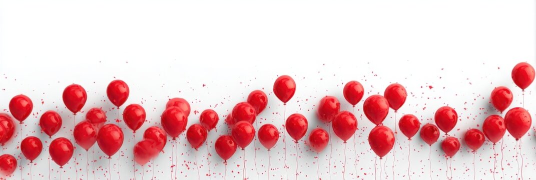 Red balloons and confetti on white background