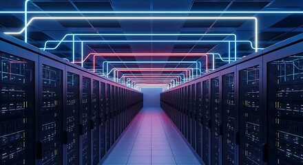 Rows of server racks stretch down a futuristic corridor illuminated by glowing blue and red lights, representing a modern data center
