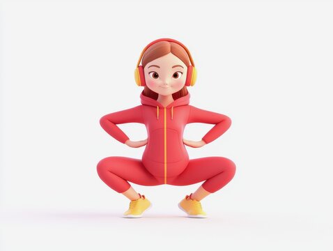 3d stretching sportswear cartoon concept. Energetic girl in workout gear doing a squat exercise.