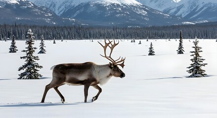 deer in winter season in snow fall and  mountains, deer, animal, reindeer, snow, nature, mammal, winter, wild, wildlife, antlers, elk, white, silhouette, horn, christmas, illustration