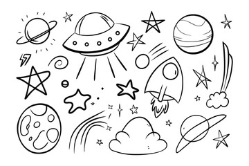 Sketchy Universe: An imaginative depiction of the cosmos, featuring a whimsical spacecraft, a soaring rocket, scattered stars, and radiant planets in an elegant, line art style.