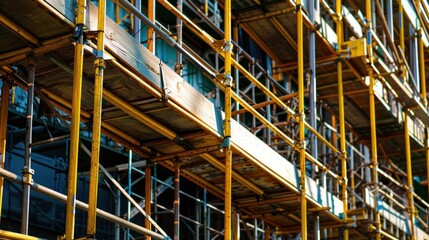 Steel beams and scaffolding on a construction site stock photo --ar 16:9 --raw --v 6 Job ID: 65b12e85-9fe3-4910-81a2-264b543dd1a9