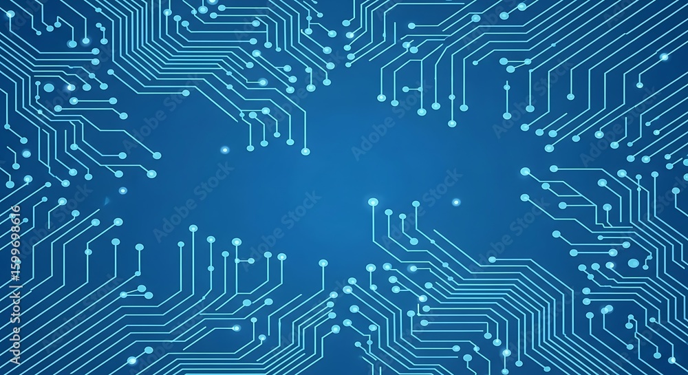 Poster an intricate blue circuit board pattern fills the frame, with glowing white lines representing data 