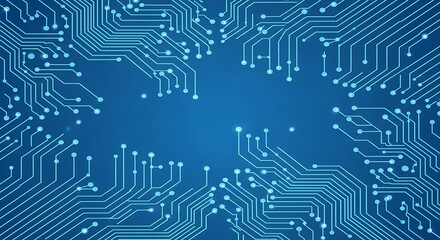 Obraz premium An intricate blue circuit board pattern fills the frame, with glowing white lines representing data pathways and electronic connections in a digital system