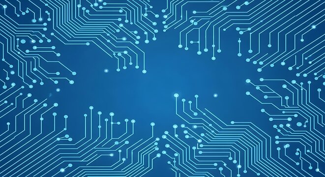 An intricate blue circuit board pattern fills the frame, with glowing white lines representing data pathways and electronic connections in a digital system