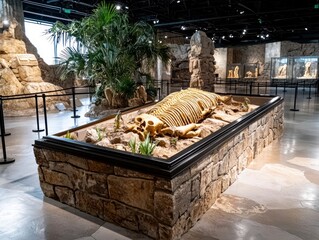 A significant paleontological discovery, the complete fossil skeleton of a prehistoric mammal on display in a museum.