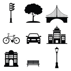 Naklejka premium Black silhouette icons of city elements including traffic light car bridge tree bicycle